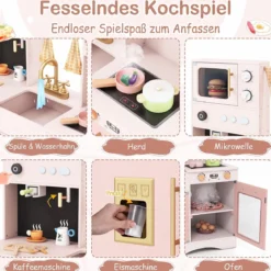 Kinderküche mit Kochzubehör Spielküche Holz mit Mikrowelle 92 x 35 x 90 cm für Kinder ab 3 Jahren Rosa