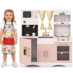Kinderküche mit Kochzubehör Spielküche Holz mit Mikrowelle 92 x 35 x 90 cm für Kinder ab 3 Jahren Rosa