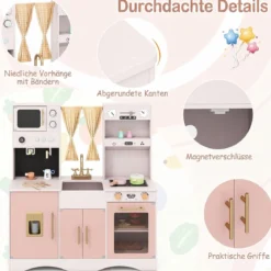 Kinderküche mit Kochzubehör Spielküche Holz mit Mikrowelle 92 x 35 x 90 cm für Kinder ab 3 Jahren Rosa