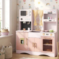 Kinderküche mit Kochzubehör Spielküche Holz mit Mikrowelle 92 x 35 x 90 cm für Kinder ab 3 Jahren Rosa