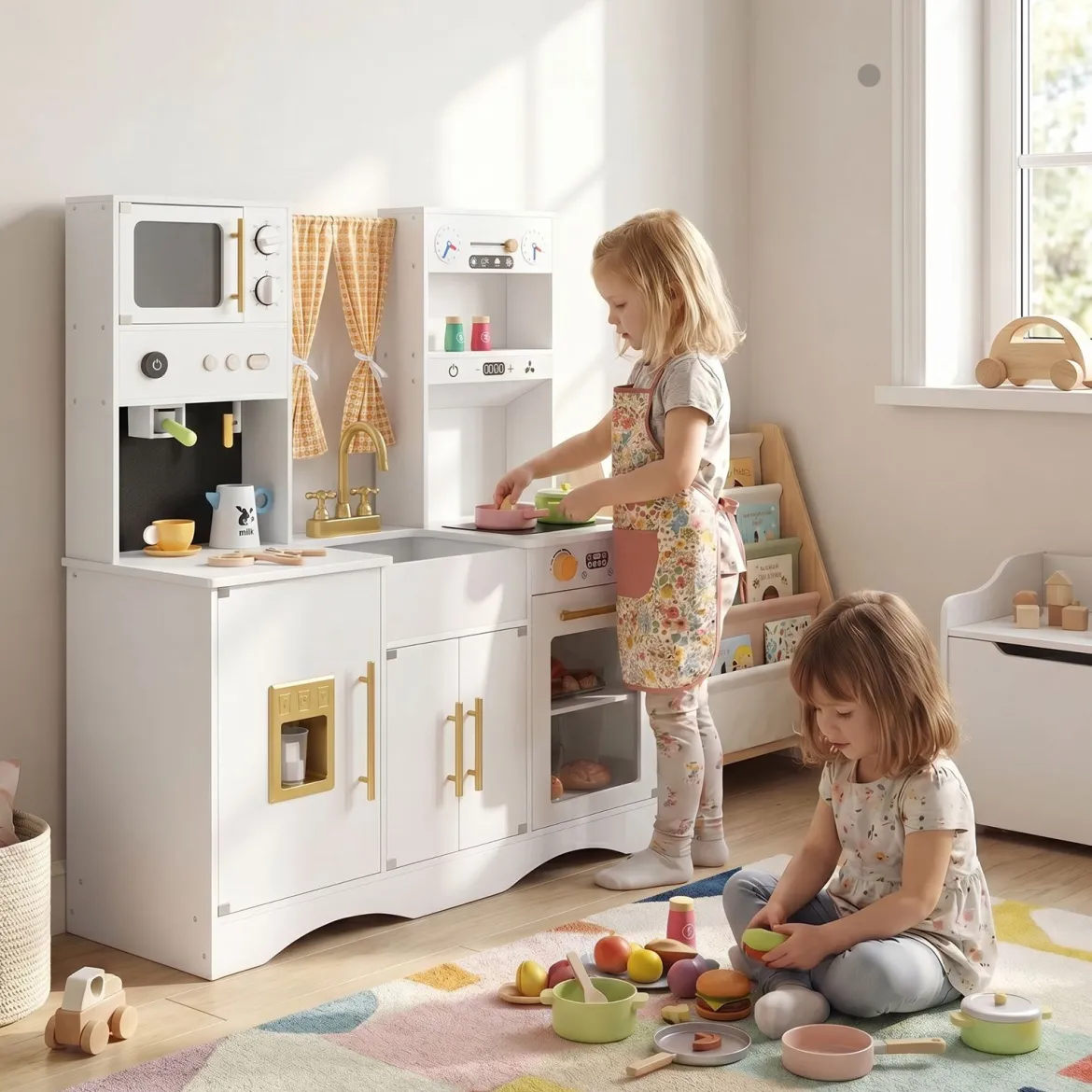 Kinderküche mit Kochzubehör Spielküche Holz mit Mikrowelle 92 x 35 x 90 cm für Kinder ab 3 Jahren Weiß