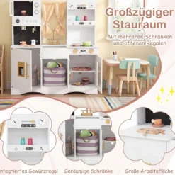 Kinderküche mit Kochzubehör Spielküche Holz mit Mikrowelle 92 x 35 x 90 cm für Kinder ab 3 Jahren Weiß