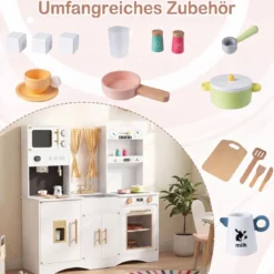 Kinderküche mit Kochzubehör Spielküche Holz mit Mikrowelle 92 x 35 x 90 cm für Kinder ab 3 Jahren Weiß