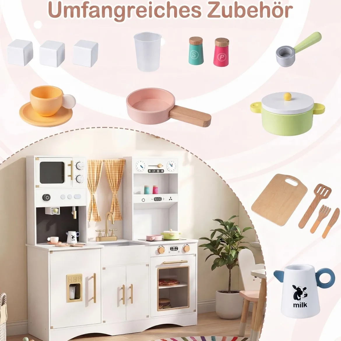 Kinderküche mit Kochzubehör Spielküche Holz mit Mikrowelle 92 x 35 x 90 cm für Kinder ab 3 Jahren Weiß
