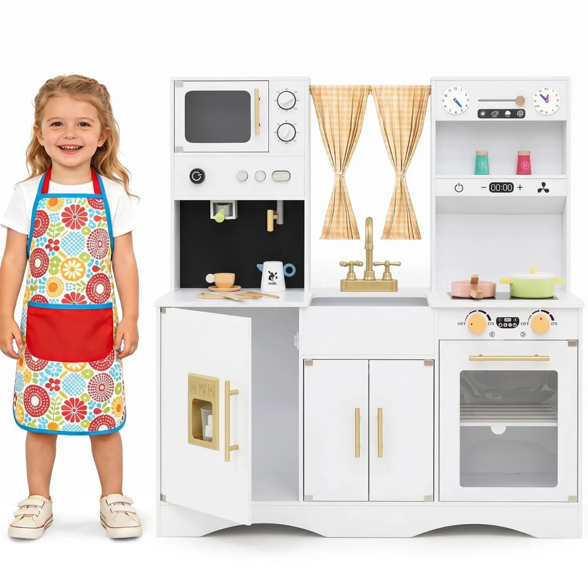 Kinderküche mit Kochzubehör Spielküche Holz mit Mikrowelle 92 x 35 x 90 cm für Kinder ab 3 Jahren Weiß