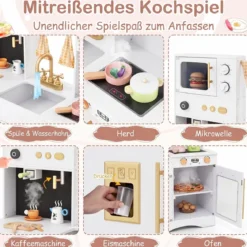 Kinderküche mit Kochzubehör Spielküche Holz mit Mikrowelle 92 x 35 x 90 cm für Kinder ab 3 Jahren Weiß