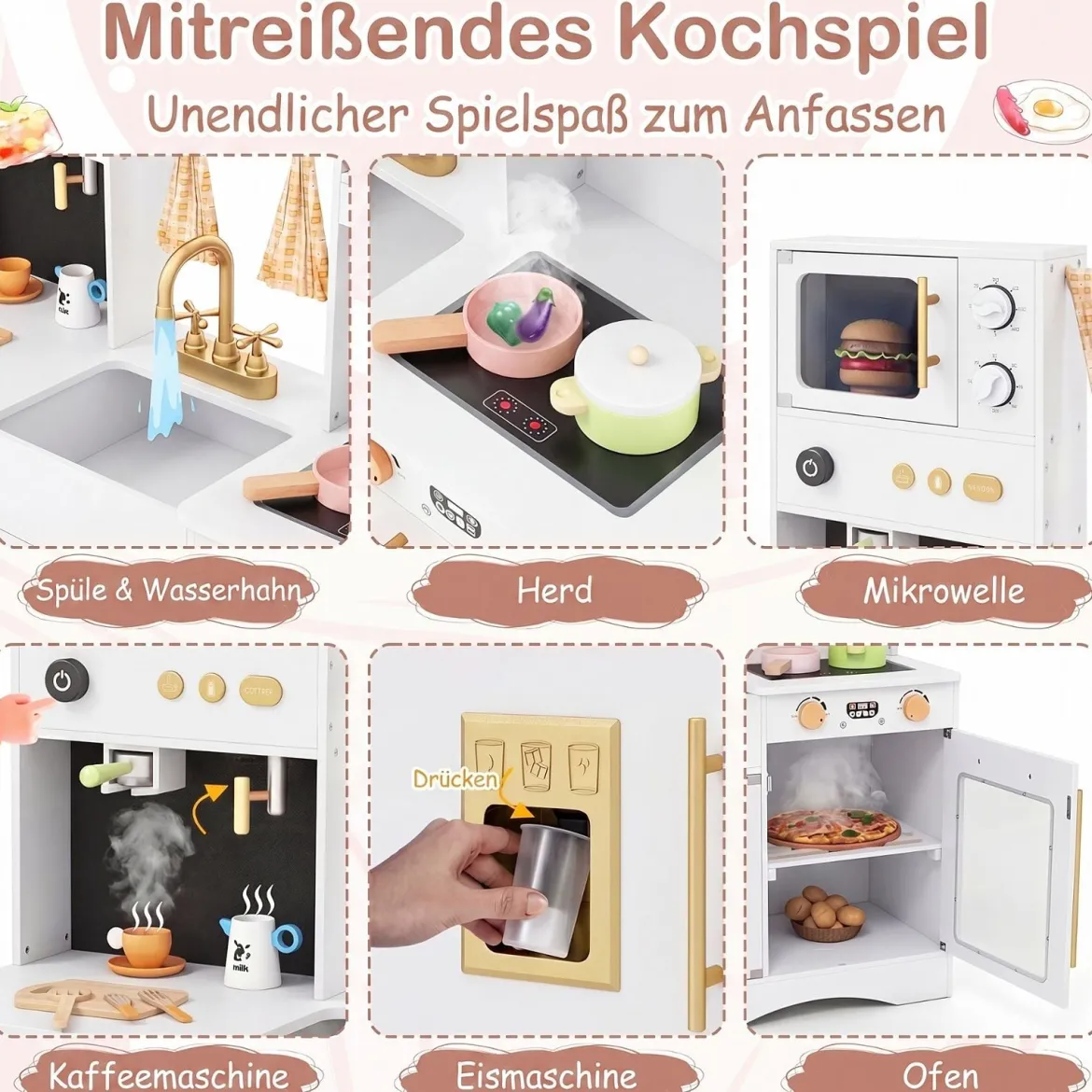 Kinderküche mit Kochzubehör Spielküche Holz mit Mikrowelle 92 x 35 x 90 cm für Kinder ab 3 Jahren Weiß