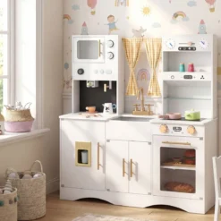 Kinderküche mit Kochzubehör Spielküche Holz mit Mikrowelle 92 x 35 x 90 cm für Kinder ab 3 Jahren Weiß