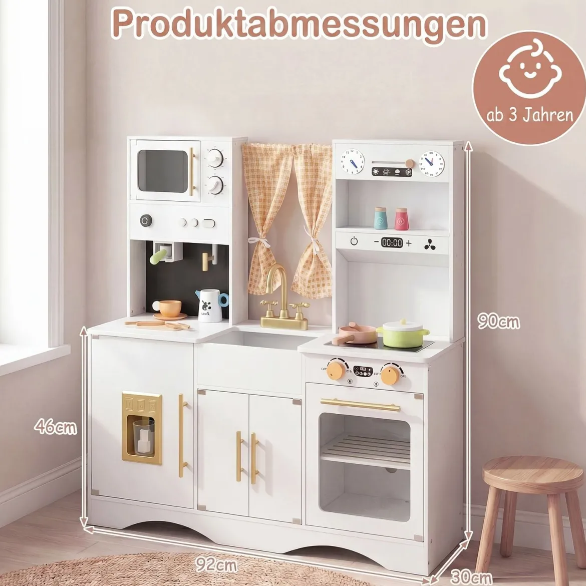 Kinderküche mit Kochzubehör Spielküche Holz mit Mikrowelle 92 x 35 x 90 cm für Kinder ab 3 Jahren Weiß