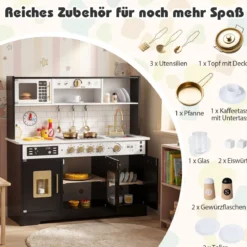 Kinderküche mit Licht & Sound Holz Spielküche mit Herd & Spüle Spielzeugküche inkl. 14 Zubehör Schwarz