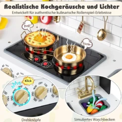Kinderküche mit Licht & Sound Holz Spielküche mit Herd & Spüle Spielzeugküche inkl. 14 Zubehör Schwarz