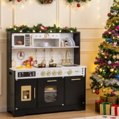 Kinderküche mit Licht & Sound Holz Spielküche mit Herd & Spüle Spielzeugküche inkl. 14 Zubehör Schwarz