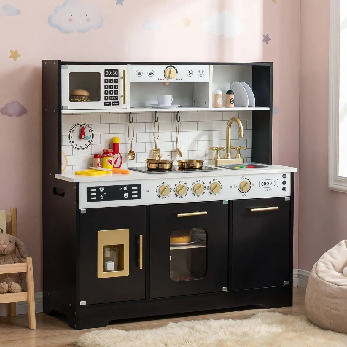 Kinderküche mit Licht & Sound Holz Spielküche mit Herd & Spüle Spielzeugküche inkl. 14 Zubehör Schwarz