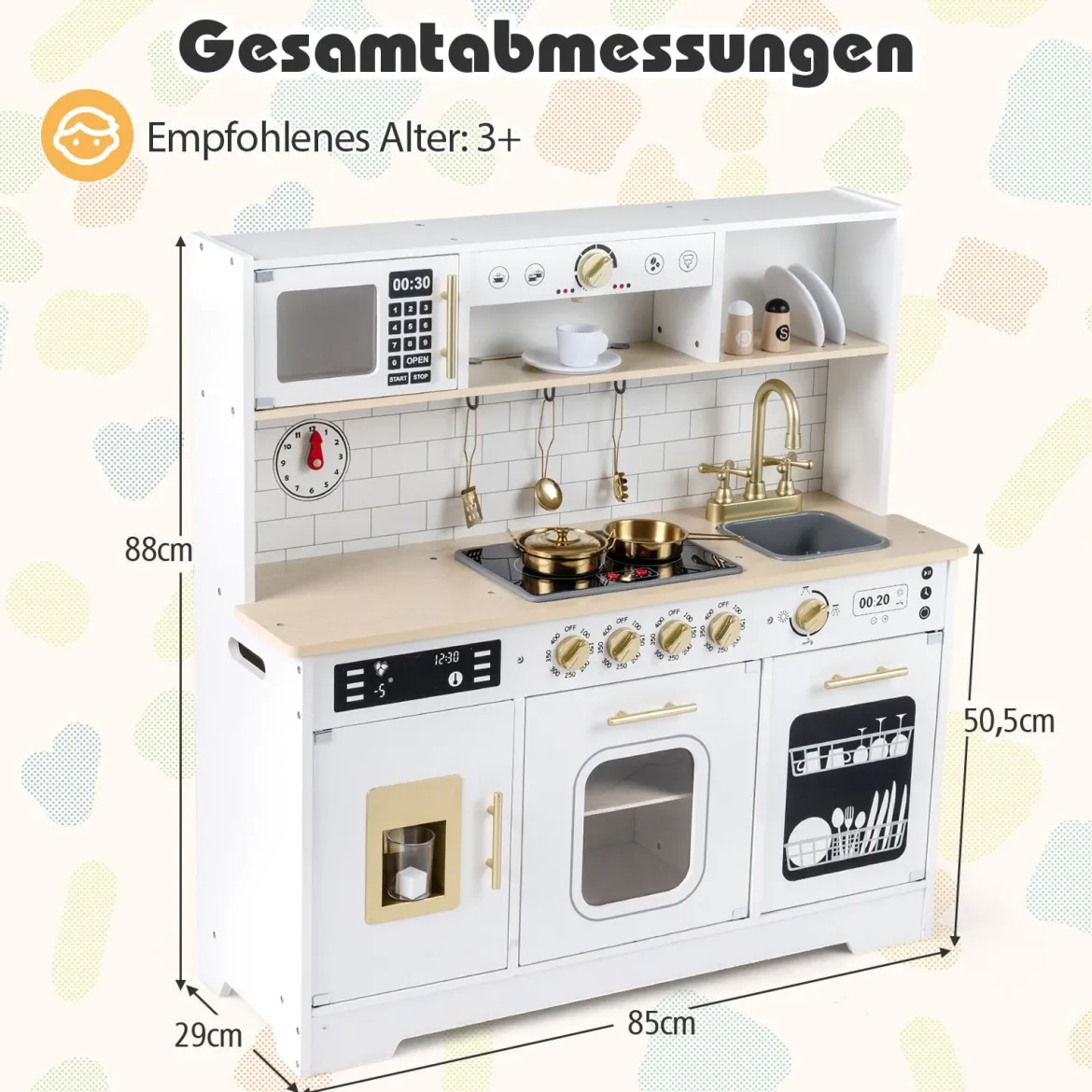 Kinderküche mit Licht & Sound Holz Spielküche mit Herd & Spüle Spielzeugküche inkl. 14 Zubehör Weiß