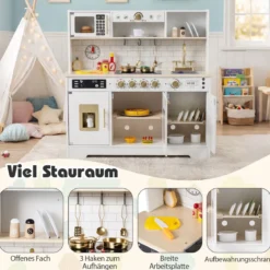 Kinderküche mit Licht & Sound Holz Spielküche mit Herd & Spüle Spielzeugküche inkl. 14 Zubehör Weiß