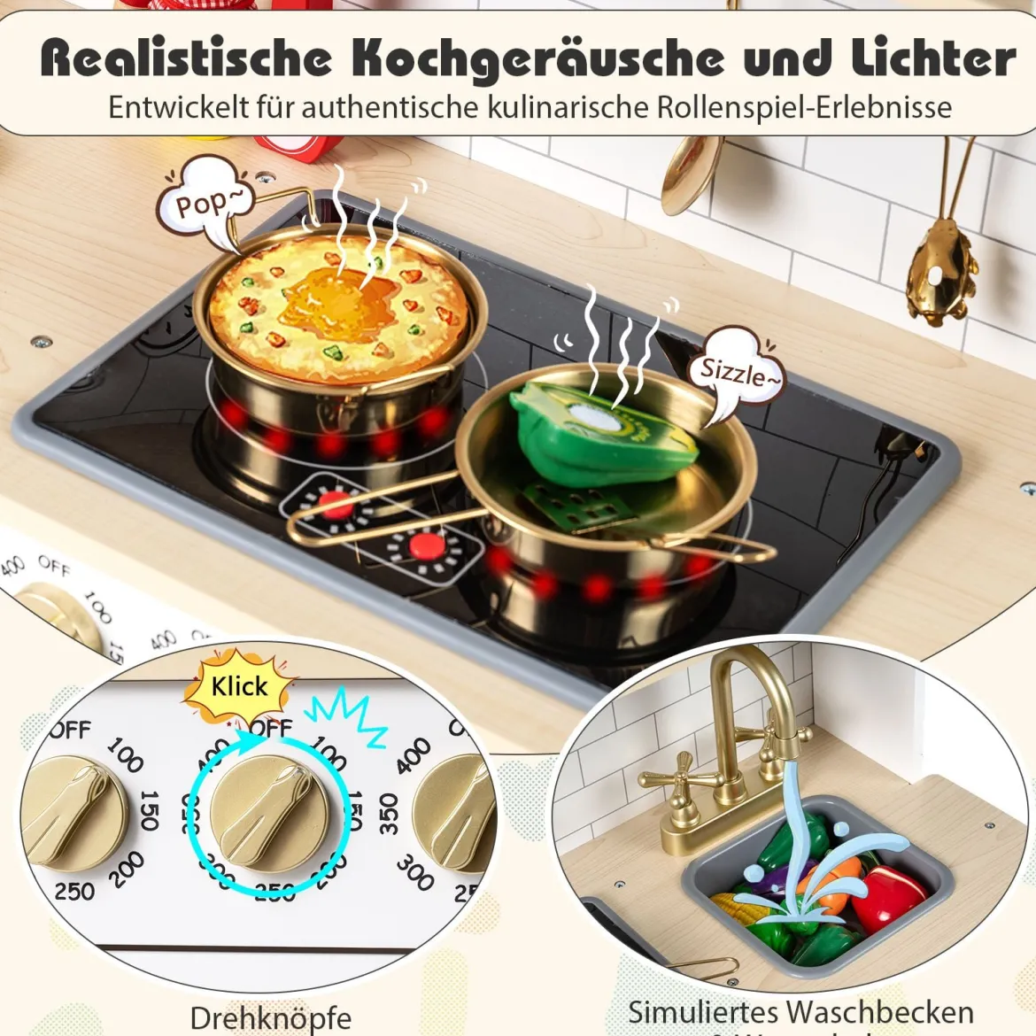 Kinderküche mit Licht & Sound Holz Spielküche mit Herd & Spüle Spielzeugküche inkl. 14 Zubehör Weiß