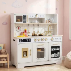 Kinderküche mit Licht & Sound Holz Spielküche mit Herd & Spüle Spielzeugküche inkl. 14 Zubehör Weiß