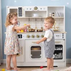 Kinderküche mit Licht & Sound Holz Spielküche mit Herd & Spüle Spielzeugküche inkl. 14 Zubehör Weiß