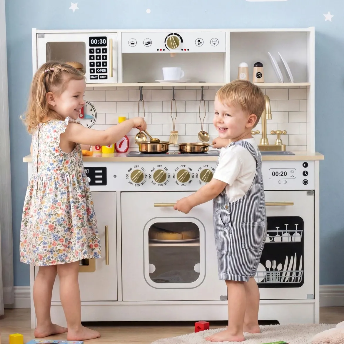 Kinderküche mit Licht & Sound Holz Spielküche mit Herd & Spüle Spielzeugküche inkl. 14 Zubehör Weiß