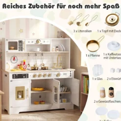 Kinderküche mit Licht & Sound Holz Spielküche mit Herd & Spüle Spielzeugküche inkl. 14 Zubehör Weiß