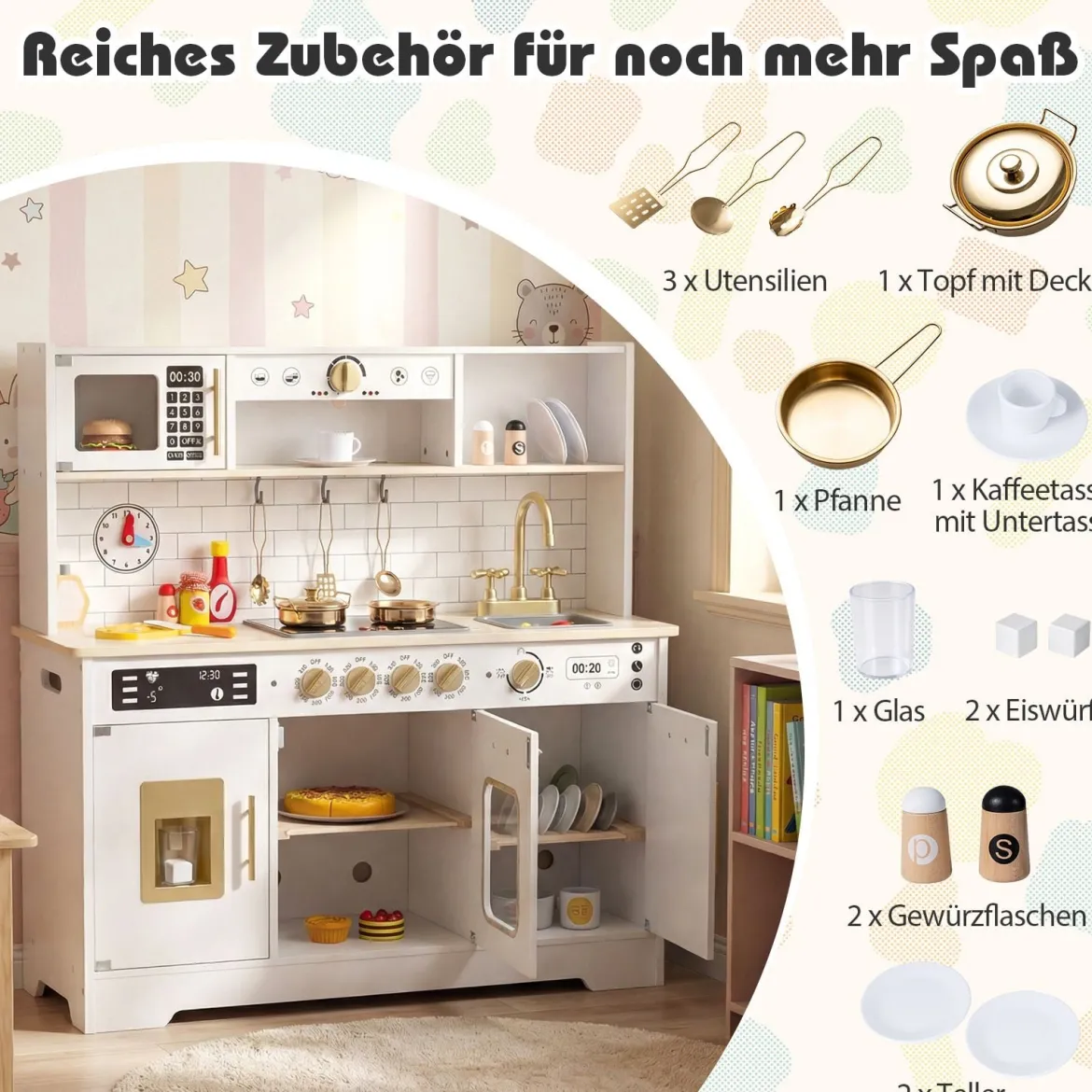 Kinderküche mit Licht & Sound Holz Spielküche mit Herd & Spüle Spielzeugküche inkl. 14 Zubehör Weiß
