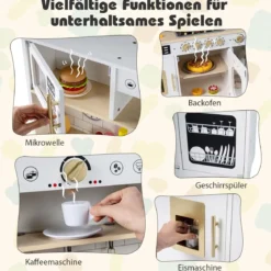 Kinderküche mit Licht & Sound Holz Spielküche mit Herd & Spüle Spielzeugküche inkl. 14 Zubehör Weiß