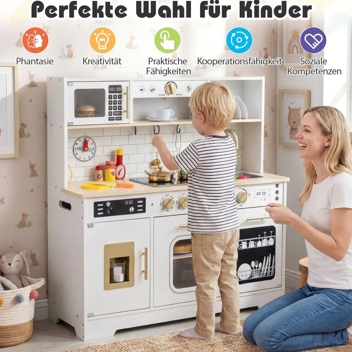 Kinderküche mit Licht & Sound Holz Spielküche mit Herd & Spüle Spielzeugküche inkl. 14 Zubehör Weiß