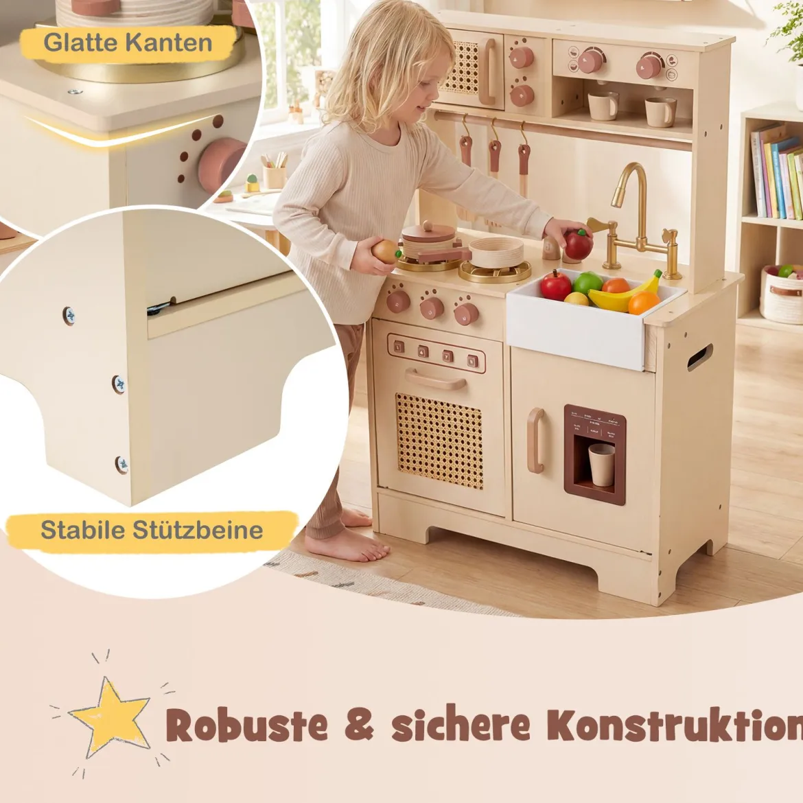 Kinderküche mit Licht & Sound Spielküche mit Herd & Mikrowelle Puppenküche Holzküche inkl. Zubehör