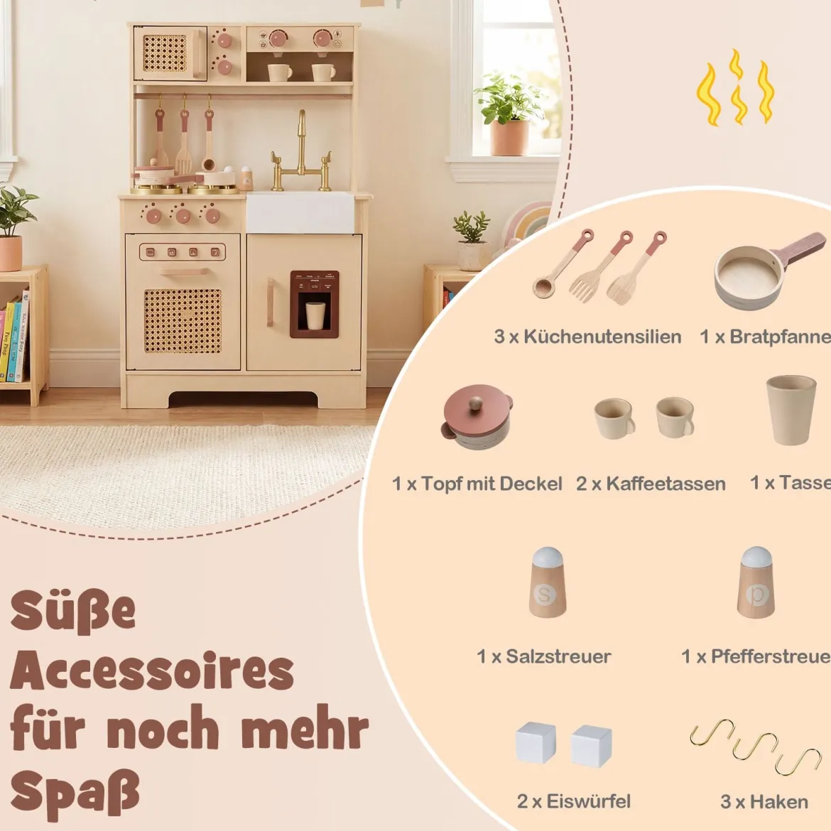 Kinderküche mit Licht & Sound Spielküche mit Herd & Mikrowelle Puppenküche Holzküche inkl. Zubehör