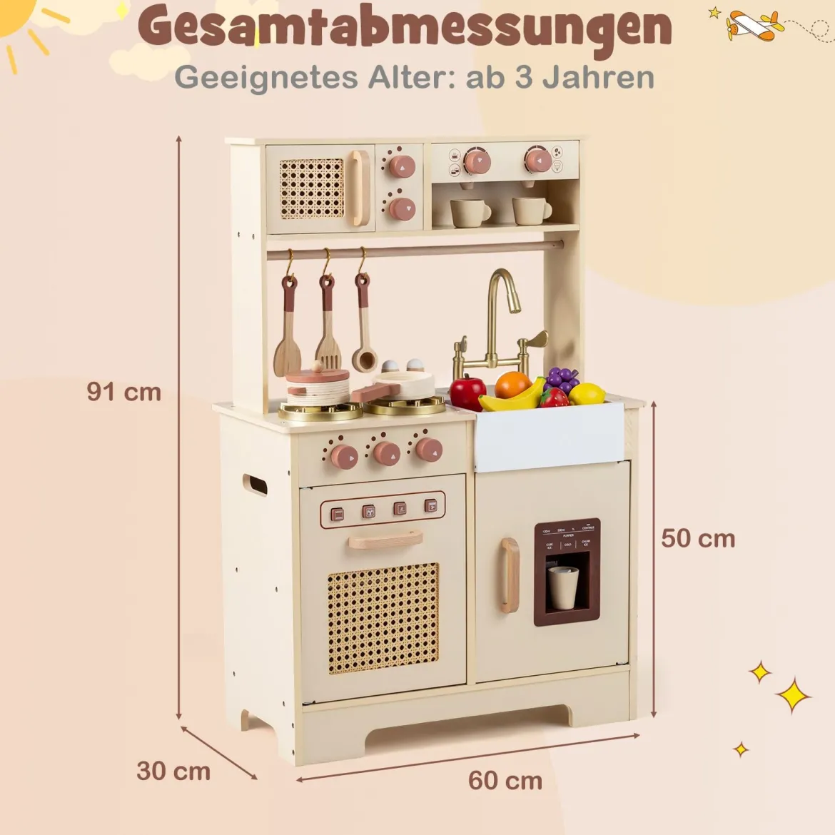 Kinderküche mit Licht & Sound Spielküche mit Herd & Mikrowelle Puppenküche Holzküche inkl. Zubehör