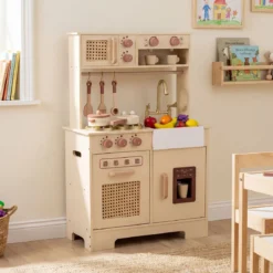 Kinderküche mit Licht & Sound Spielküche mit Herd & Mikrowelle Puppenküche Holzküche inkl. Zubehör