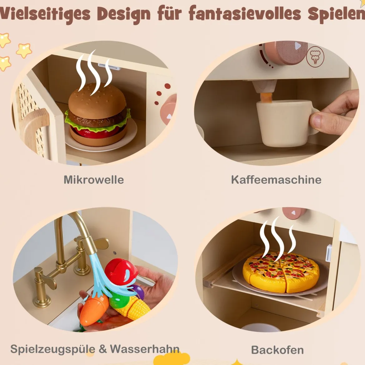 Kinderküche mit Licht & Sound Spielküche mit Herd & Mikrowelle Puppenküche Holzküche inkl. Zubehör
