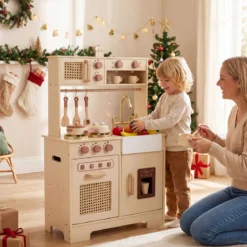 Kinderküche mit Licht & Sound Spielküche mit Herd & Mikrowelle Puppenküche Holzküche inkl. Zubehör