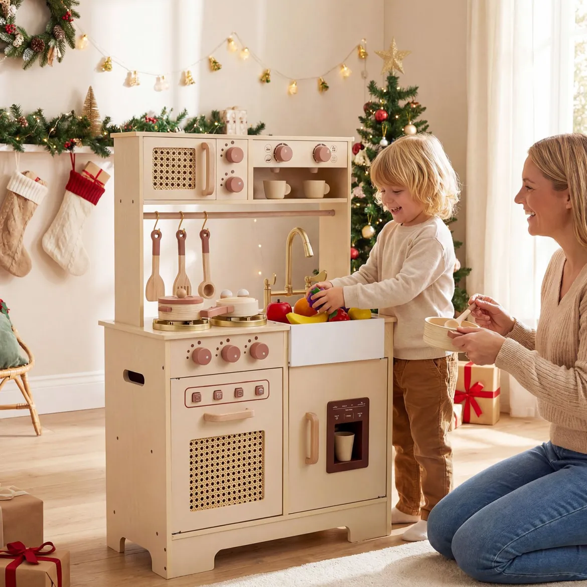 Kinderküche mit Licht & Sound Spielküche mit Herd & Mikrowelle Puppenküche Holzküche inkl. Zubehör