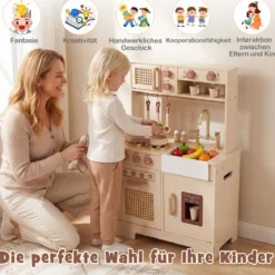 Kinderküche mit Licht & Sound Spielküche mit Herd & Mikrowelle Puppenküche Holzküche inkl. Zubehör