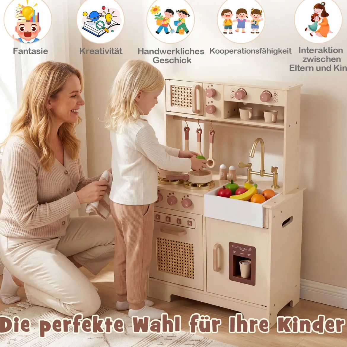 Kinderküche mit Licht & Sound Spielküche mit Herd & Mikrowelle Puppenküche Holzküche inkl. Zubehör