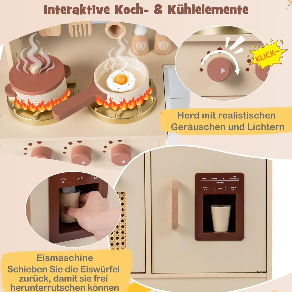 Kinderküche mit Licht & Sound Spielküche mit Herd & Mikrowelle Puppenküche Holzküche inkl. Zubehör