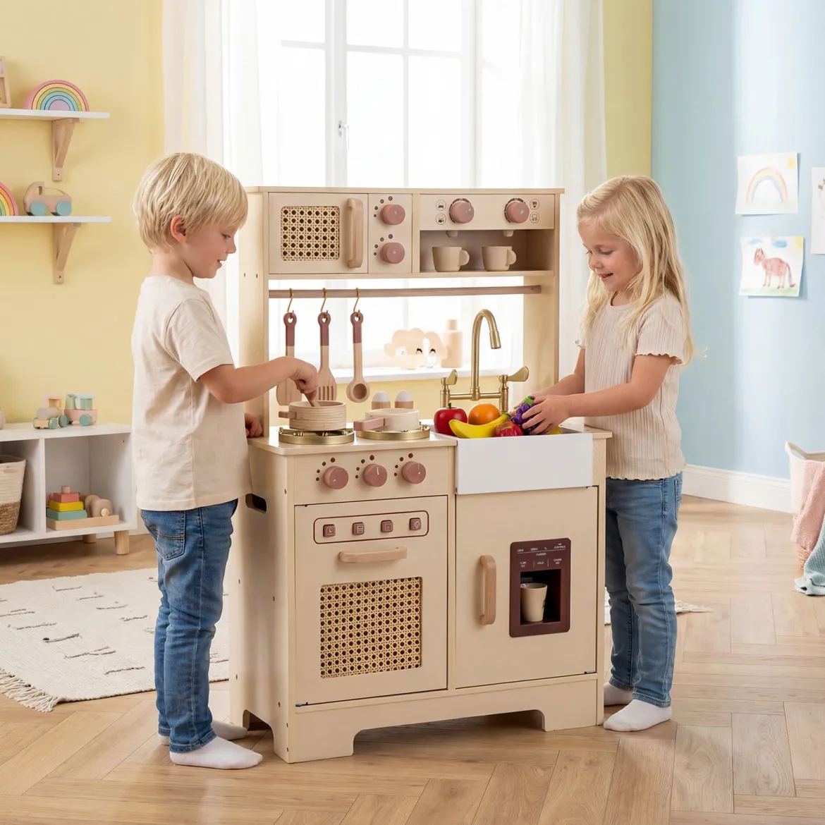 Kinderküche mit Licht & Sound Spielküche mit Herd & Mikrowelle Puppenküche Holzküche inkl. Zubehör