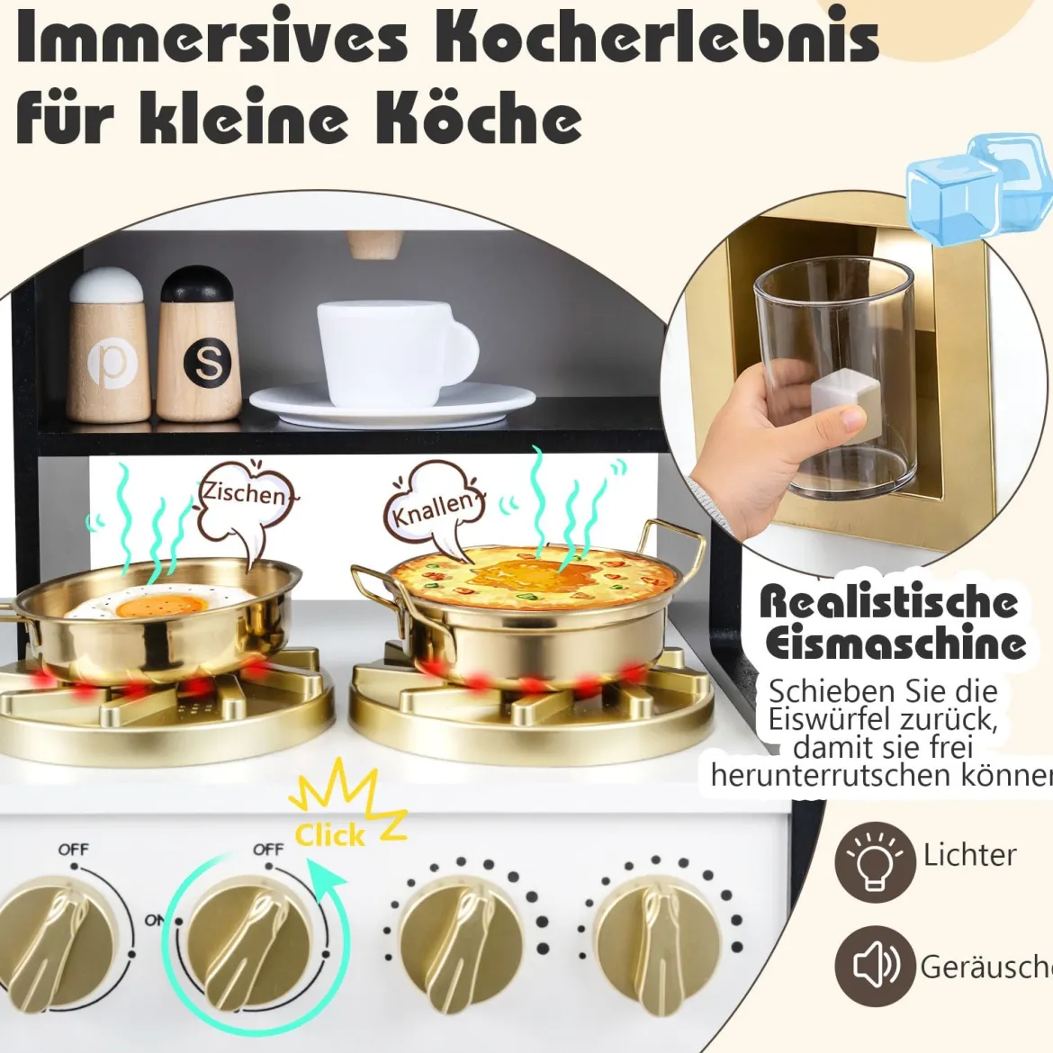 Kinderküche mit Licht & Sound Spielküche mit Herd & Spüle & Wasserhahn Spielzeugküche Holzküche