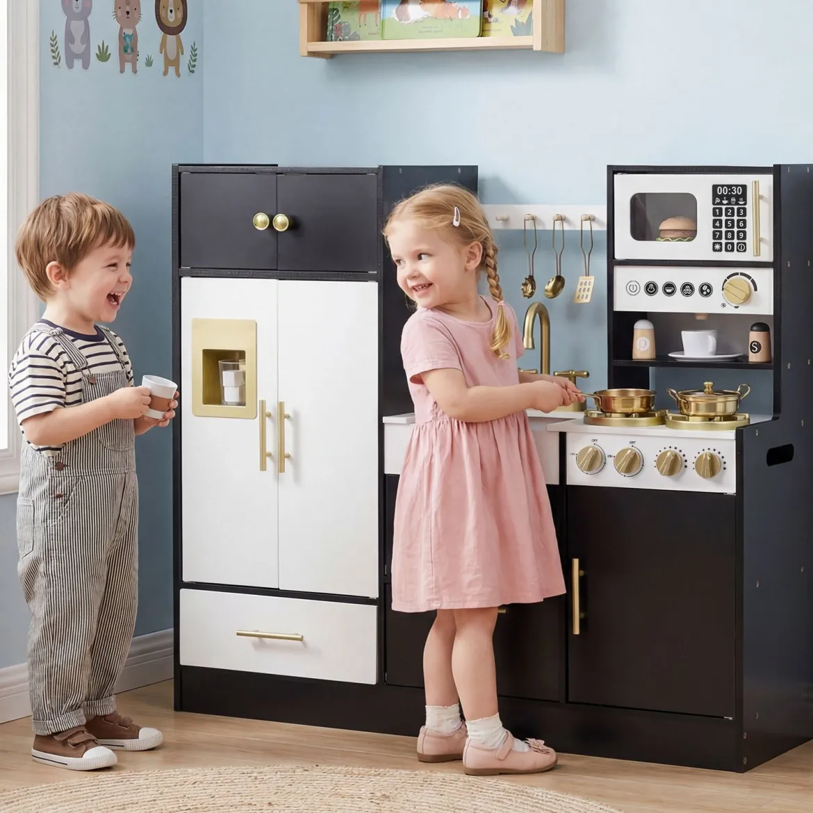 Kinderküche mit Licht & Sound Spielküche mit Herd & Spüle & Wasserhahn Spielzeugküche Holzküche