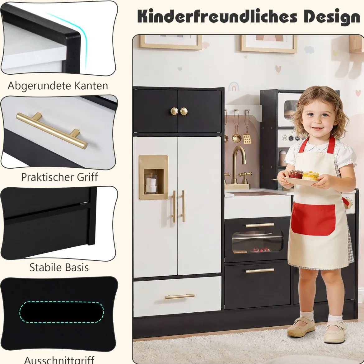 Kinderküche mit Licht & Sound Spielküche mit Herd & Spüle & Wasserhahn Spielzeugküche Holzküche
