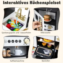 Kinderküche mit Licht & Sound Spielküche mit Herd & Spüle & Wasserhahn Spielzeugküche Holzküche