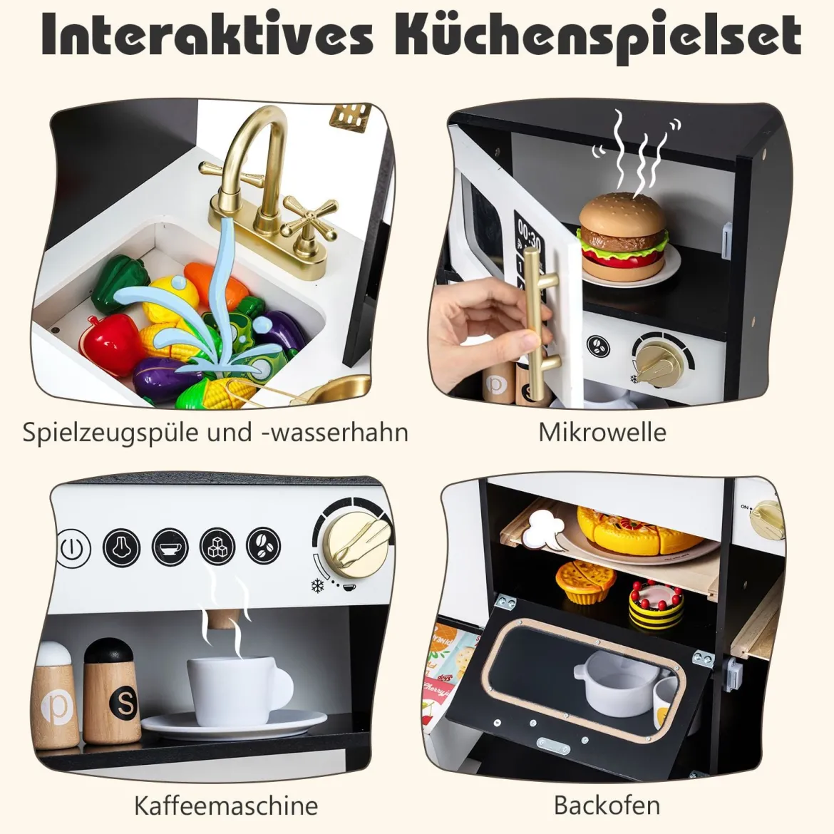 Kinderküche mit Licht & Sound Spielküche mit Herd & Spüle & Wasserhahn Spielzeugküche Holzküche