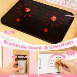 Kinderküche mit Rattantüren & Licht & Sound & Kühlschrank Spielküche Spielzeugküche Rosa