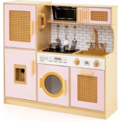 Kinderküche mit Rattantüren & Licht & Sound & Kühlschrank Spielküche Spielzeugküche Rosa