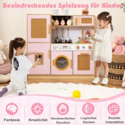 Kinderküche mit Rattantüren & Licht & Sound & Kühlschrank Spielküche Spielzeugküche Rosa