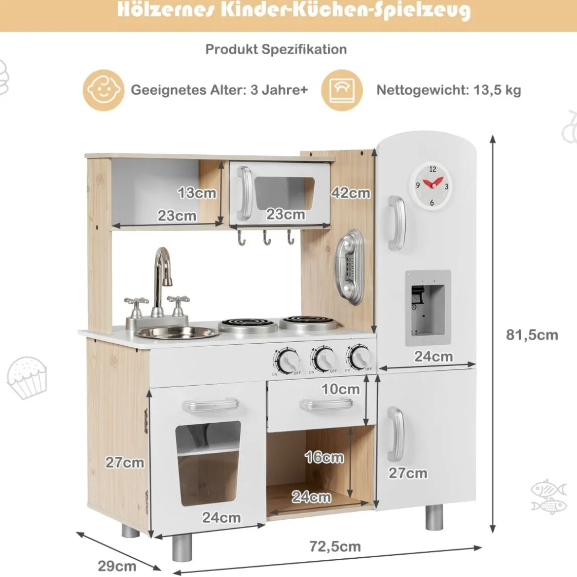 Kinderküche mit Realistischem Licht & Sound & Kühlschrank 72,5 x 29 x 81,5 cm Weiß