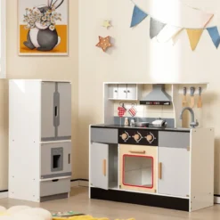 Kinderküche mit Trennbaren Kühlschrank & Lichter & Musik & Sound & 12 Zubehör Kühlschrank