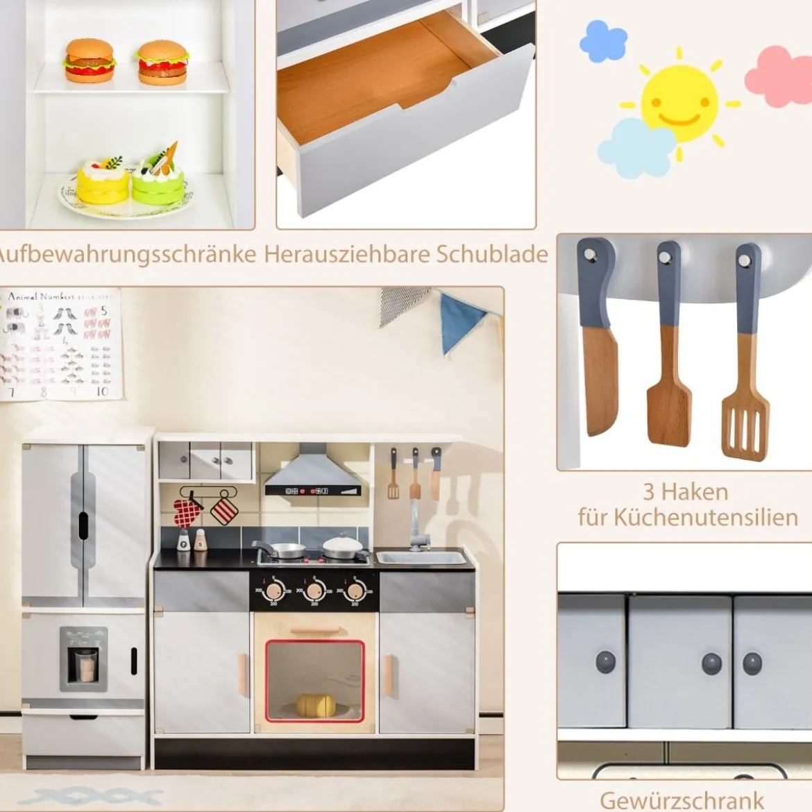 Kinderküche mit Trennbaren Kühlschrank & Lichter & Musik & Sound & 12 Zubehör Kühlschrank