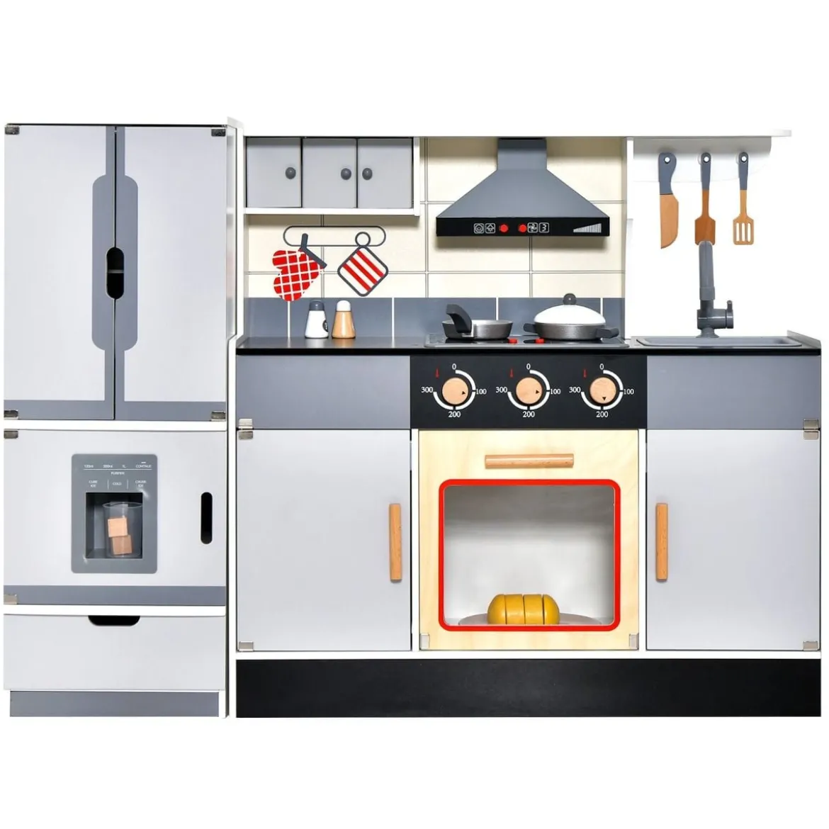 Kinderküche mit Trennbaren Kühlschrank & Lichter & Musik & Sound & 12 Zubehör Kühlschrank
